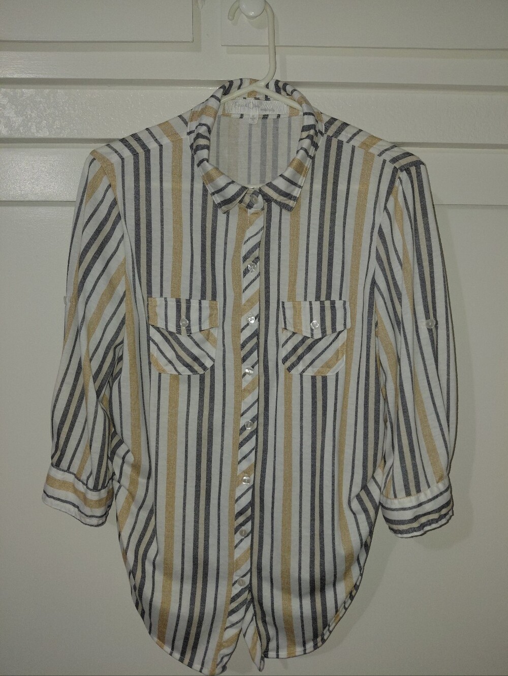 Eden & Olivia Maternity Striped Button Down Shirt Medium Roll Tab Sleeve Pockets
